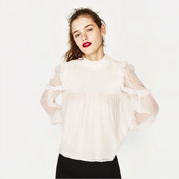 Zara Tops - Zara High Neck Swiss Dot Smocked Blouse Size X